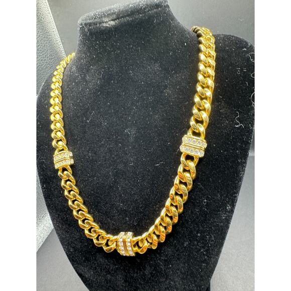 S.A.L. Swarovski Gold Clear Crystal Cuban Chain Link Chunky Statement Necklace - Picture 3 of 7